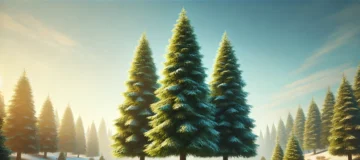 Three lush evergreen trees standing together in a serene natural setting, surrounded by soft snow on the ground and a bright blue sky in the backgroun