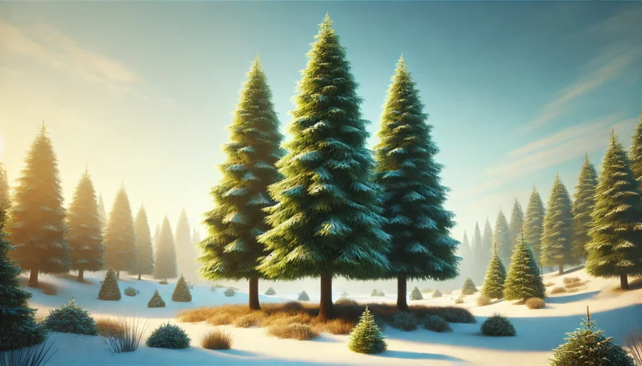 Three lush evergreen trees standing together in a serene natural setting, surrounded by soft snow on the ground and a bright blue sky in the backgroun